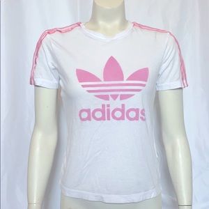 White Adidas T-Shirt With Pink Stripes